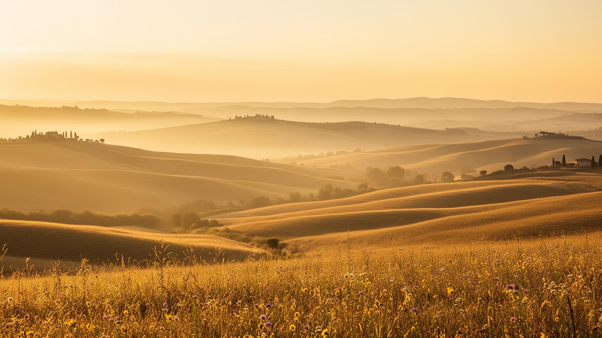 Luminous golden hills at dawn