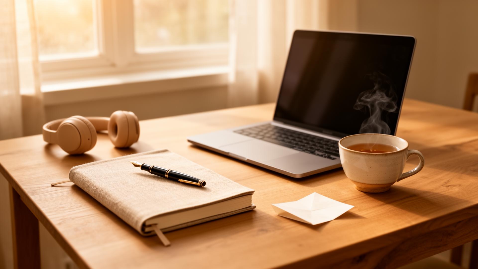 Softly lit desk near a window with an open laptop, linen journal, fountain pen, and a warm cup of tea